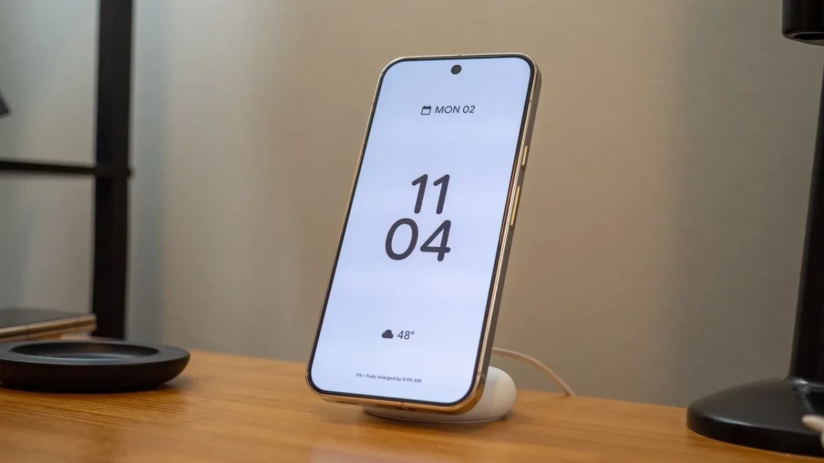 Pixel telefonun masa üzerinde ekranda saat gösterirken şarj standında duruşu