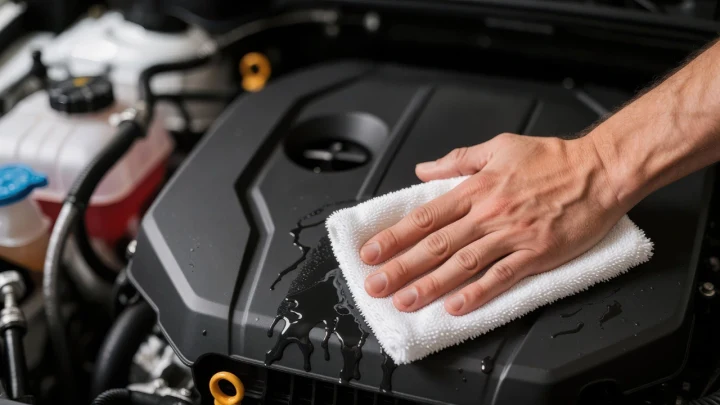 Bir kişinin otomobil motorunun plastik kapağını beyaz bir bezle silmesi