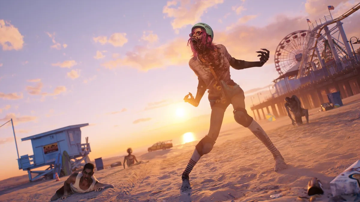 Dead Island 2’de gün batımında sahilde ilerleyen zombiler