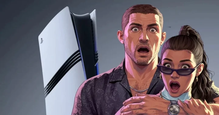 PlayStation 5 konsolu önünde GTA tarzı çizilmiş şaşkın iki karakter