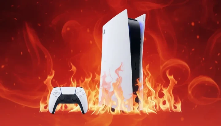 Alevler arasında gösterilen PlayStation 5 konsolu ve DualSense kontrolcüsü