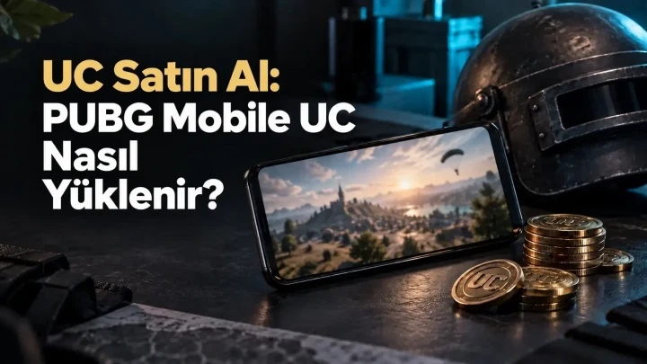 PUBG Mobile UC satın alma ve yükleme konulu görselde oyun oynanan telefon, kask ve sanal para simgeleri yer alıyor