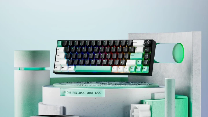 Razer Reclusa Mini 65% klavye, renkli RGB aydınlatmasıyla sergileniyor