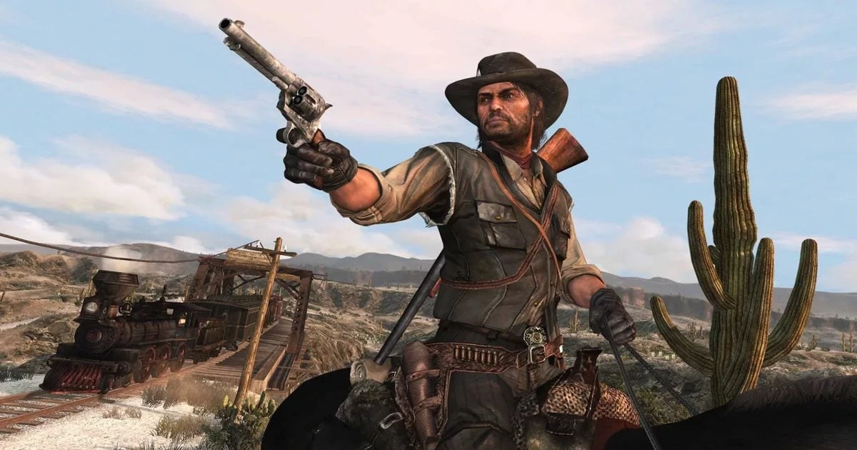 Red Dead Redemption oyunundan, elinde tabanca tutan kovboyun çöl manzarasındaki görüntüsü