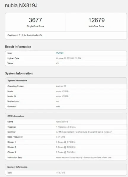 Geekbench 7.1.0 test kaydında nubia NX819J için 3.677 tek çekirdek ve 12.679 çoklu çekirdek puanı gösteriliyor.
