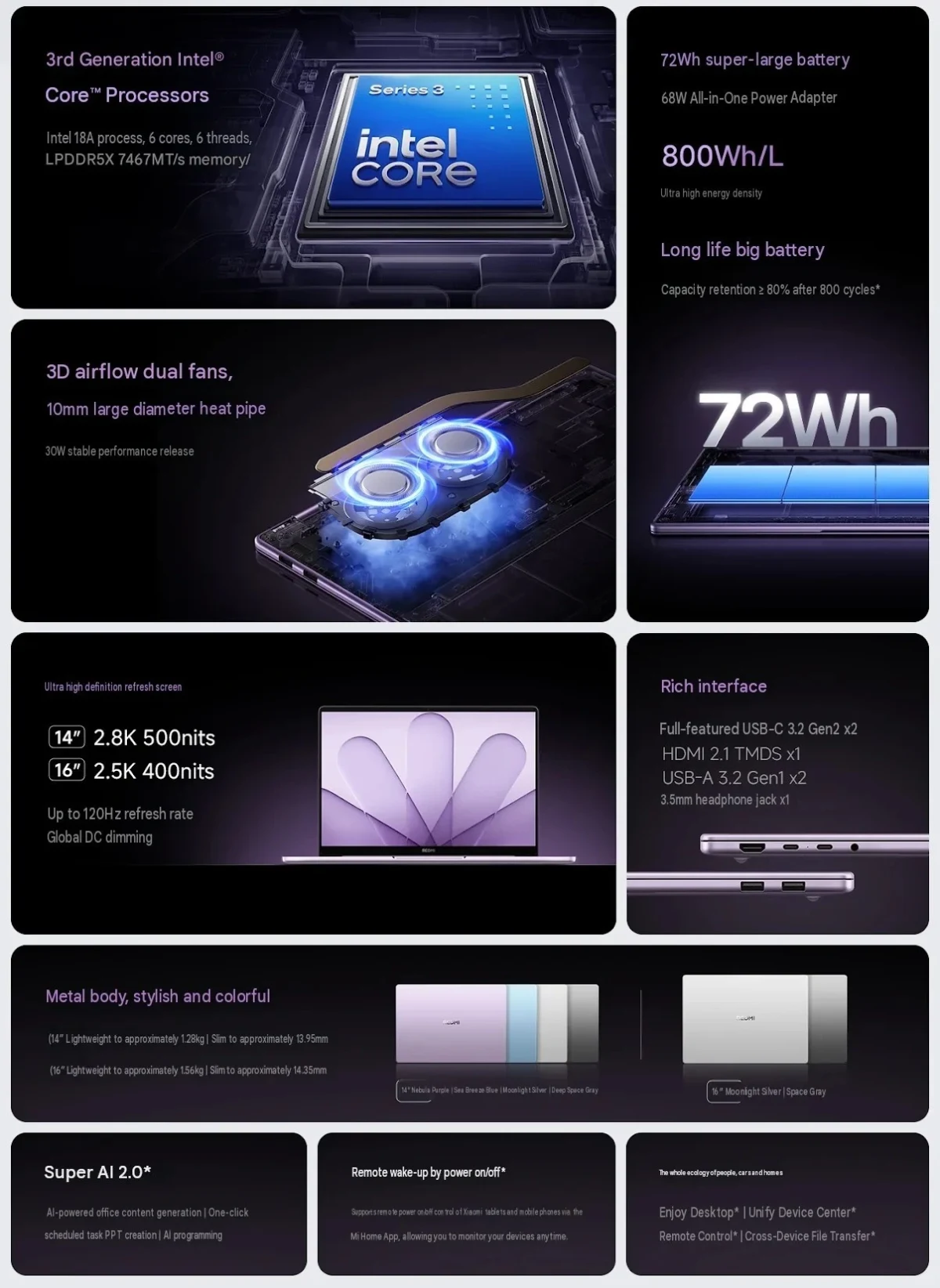 Redmi Book 2027 işlemci, soğutma, batarya, ekran ve bağlantı özelliklerini özetleyen tanıtım görseli.