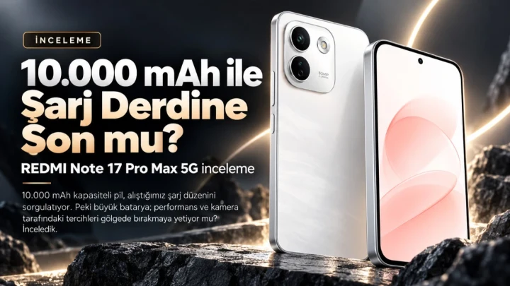REDMI Note 17 Pro Max 5G telefonun ön ve arka yüzü; görselde 10.000 mAh batarya vurgusu yer alıyor