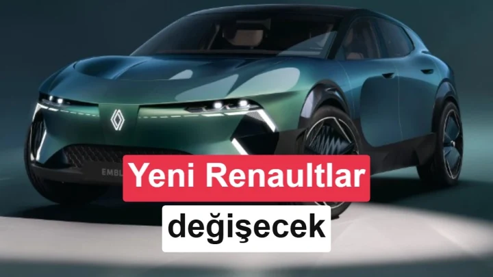 Renault tasarım değişimini anlatan haber görselinde mavi-yeşil bir konsept otomobil ve yazı yer alıyor