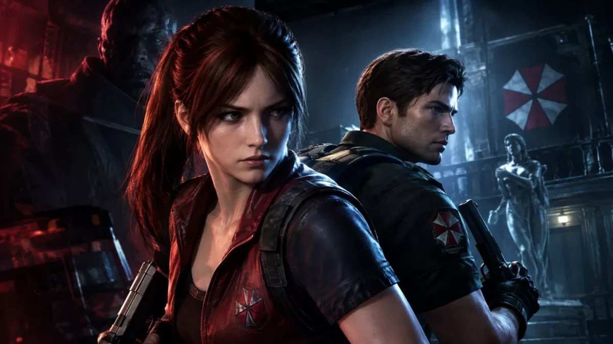 Karanlık bir ortamda sırt sırta duran iki Resident Evil karakteri