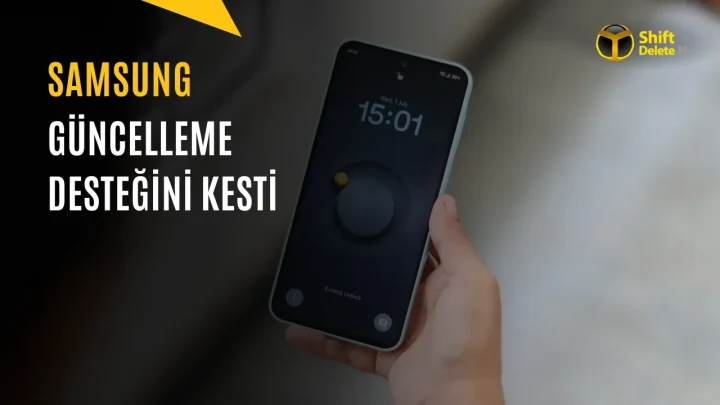 Bir elin tuttuğu akıllı telefon ve Samsung güncelleme desteğinin sona erdiğini belirten görsel