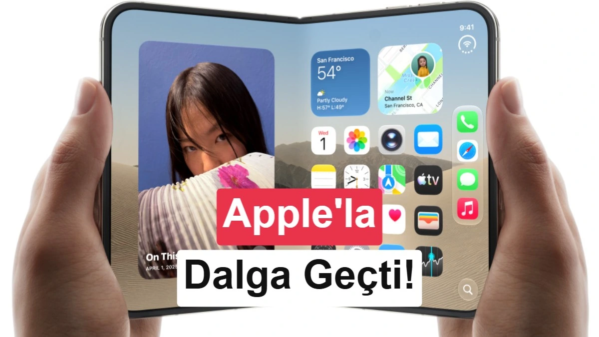 Katlanmış haldeki telefon ekranında uygulama simgeleri ve bir medya içeriği görülüyor