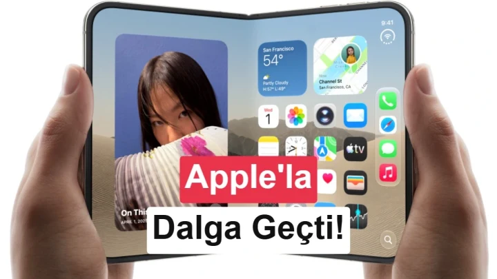 Katlanmış haldeki telefon ekranında uygulama simgeleri ve bir medya içeriği görülüyor