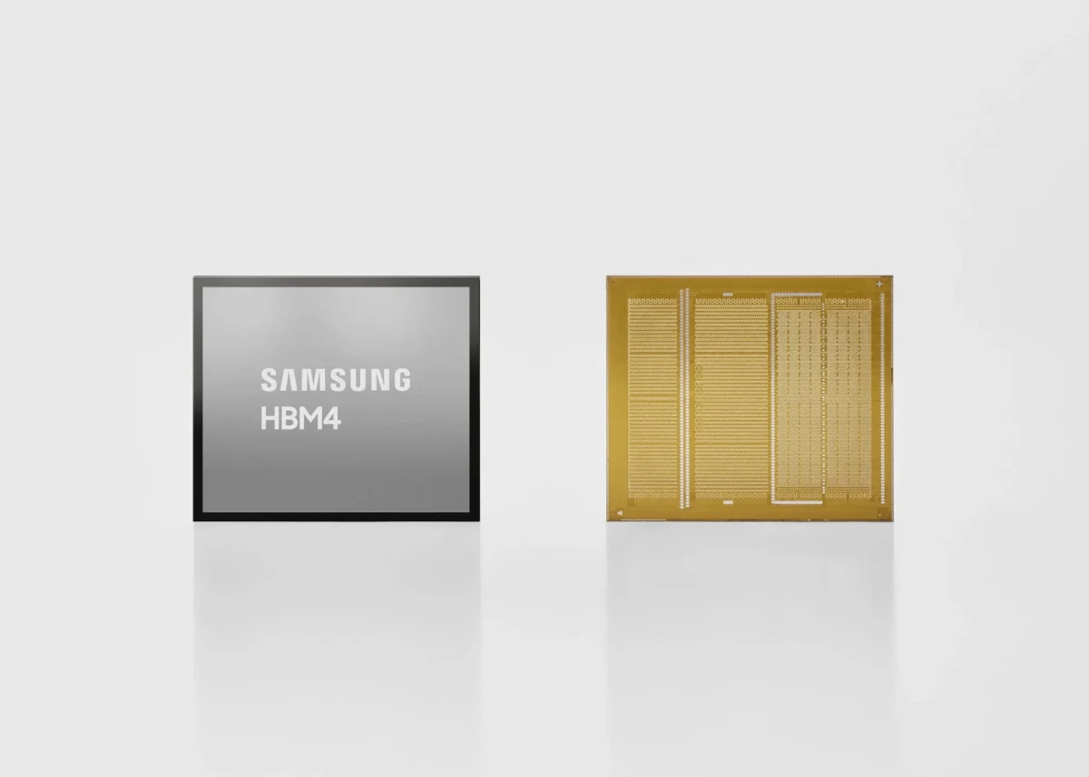 Samsung HBM4 yazılı bellek yongası ve altın renkli yarı iletken bileşen