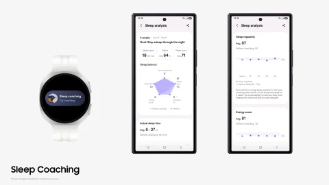 Samsung Health Uyku Koçluğu ve uyku analizlerini gösteren akıllı saat ile telefon ekranları