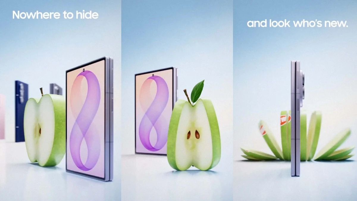 Samsung reklamında katlanabilir telefonlar ve parçalanmış bir elma yan yana gösteriliyor.