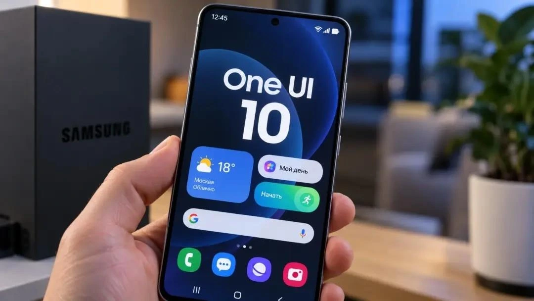 One UI 10 arayüzü açık Samsung telefonunu tutan bir el