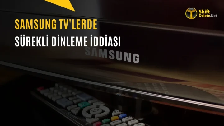 Samsung televizyon ve kumandasını gösteren görselde sürekli dinleme iddiası yer alıyor.