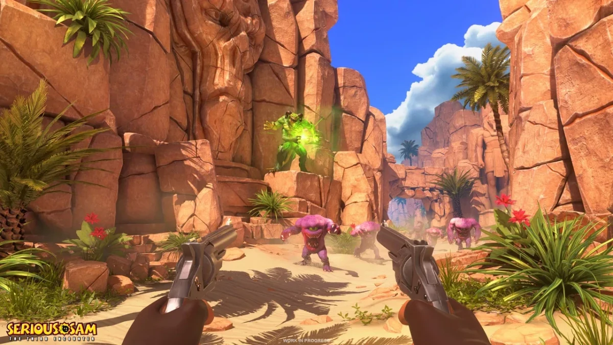 Serious Sam oyununda kayalık bir vadide düşmanlara doğrultulmuş iki silah