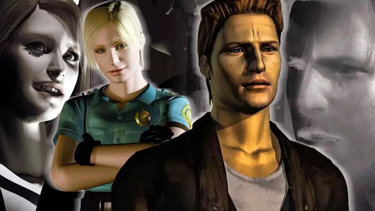 Silent Hill karakterlerinden Harry Mason önde, diğer karakterler arka planda