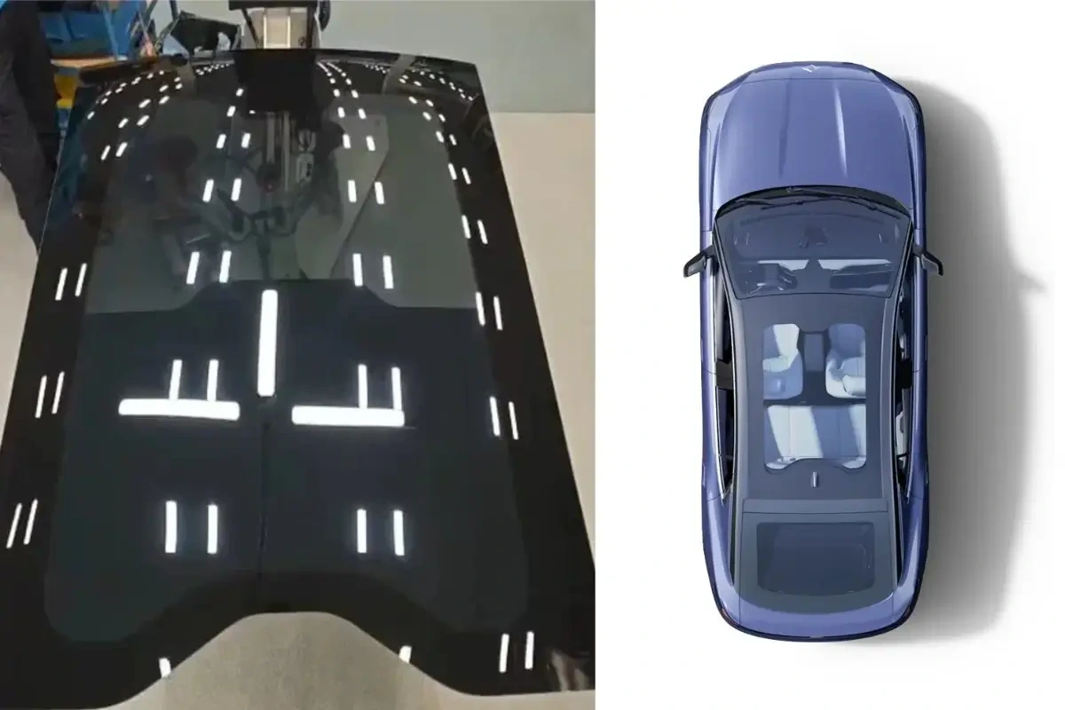 Akıllı cam tavanın bölgesel yapısını gösteren cam panel ve panoramik tavanlı otomobil şeması