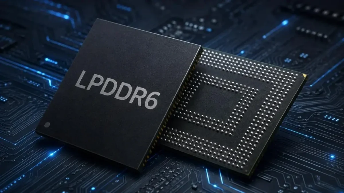 Devre kartı üzerinde LPDDR6 yazılı bellek yongası