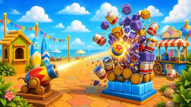 Smash Fest! oyununda top fırlatılarak renkli bloklar ve nesneler patlatılıyor