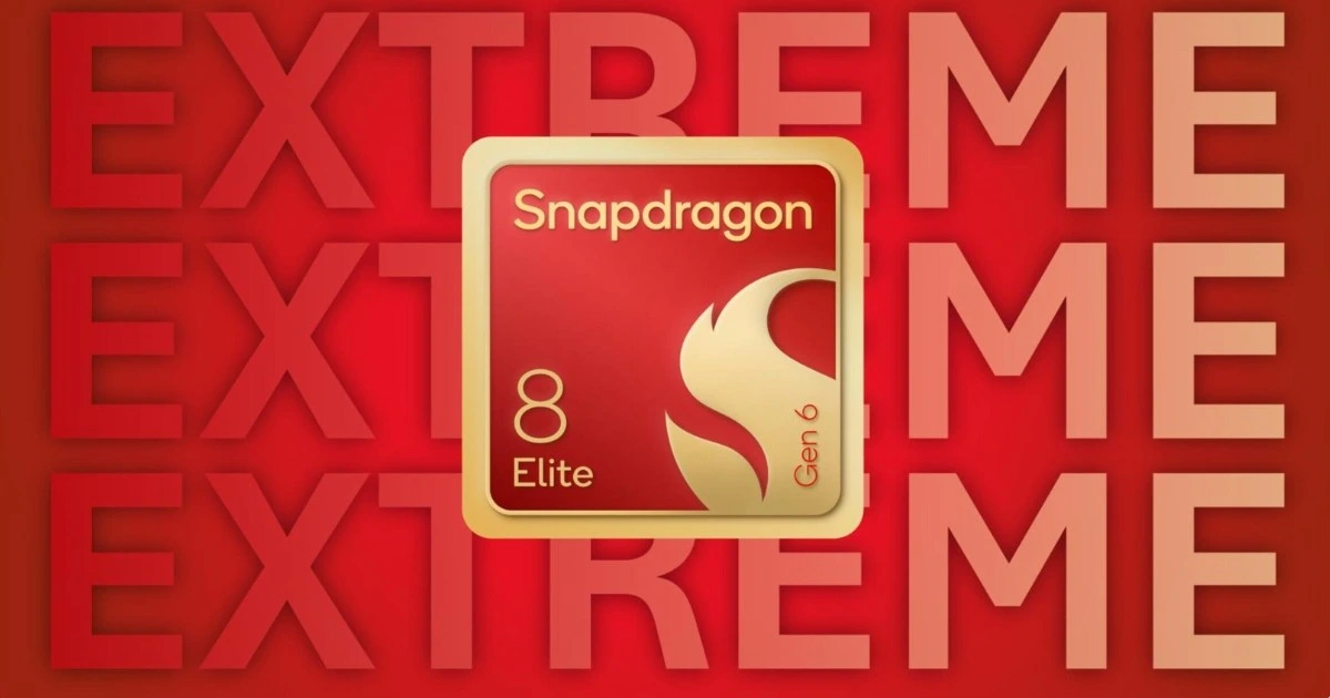 Extreme yazılı kırmızı arka plan önünde Snapdragon 8 Elite Gen 6 işlemci görseli