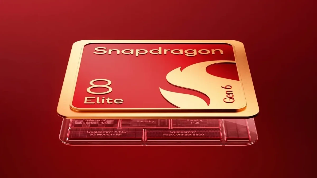 Kırmızı zemin üzerinde Snapdragon 8 Elite Gen 6 işlemci görseli