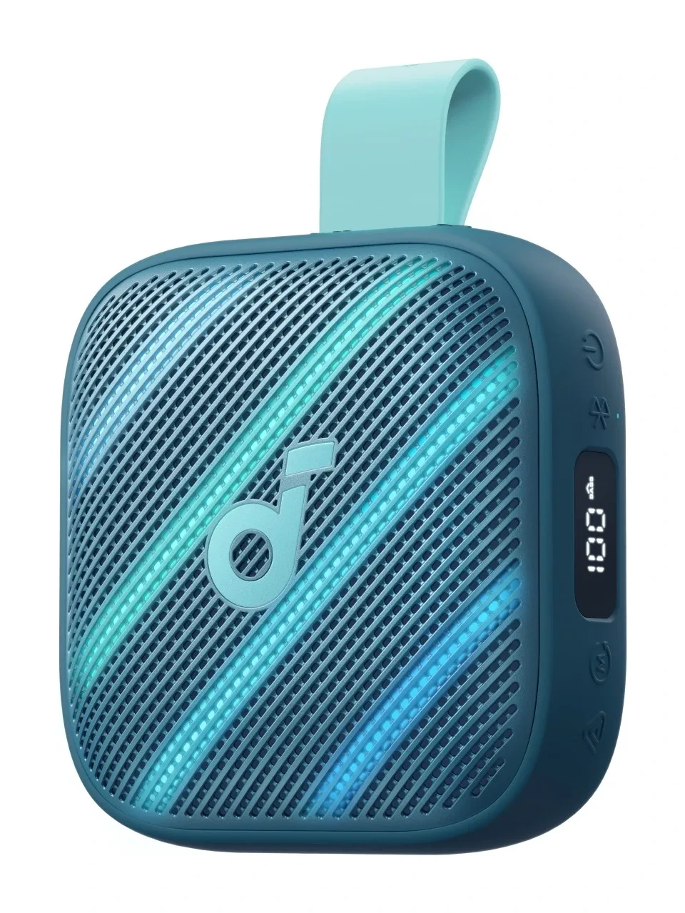 Turkuaz ve mavi renkli Soundcore Boom Go 3i taşınabilir hoparlör