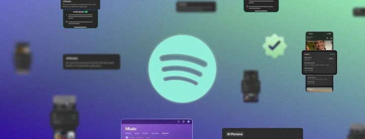 Spotify logosunun çevresinde platform arayüzlerini ve profil kartlarını gösteren tanıtım görseli