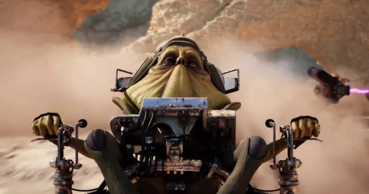 Star Wars Galactic Racer’da çöl pistinde yarışan bir pilot