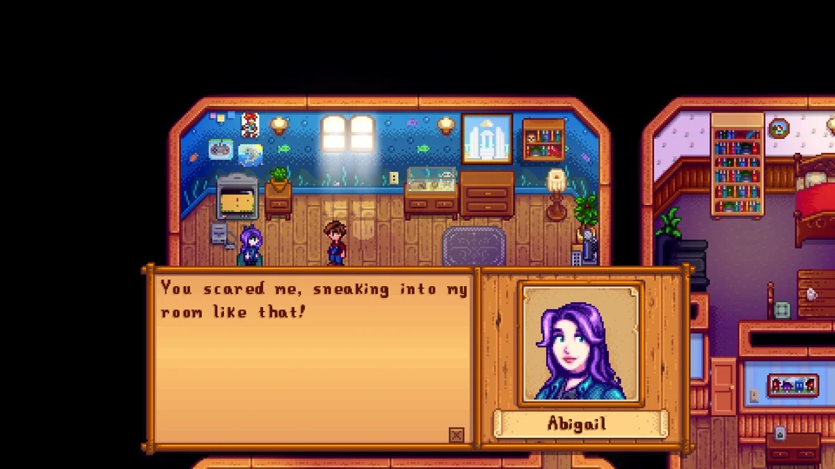Stardew Valley’de Abigail’in odasında geçen bir diyalog sahnesi