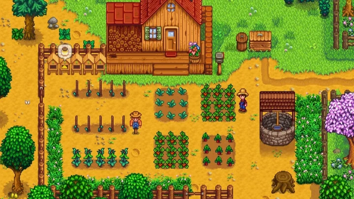Stardew Valley’de çiftlik evi, ekinler ve çiftlikte çalışan karakterler