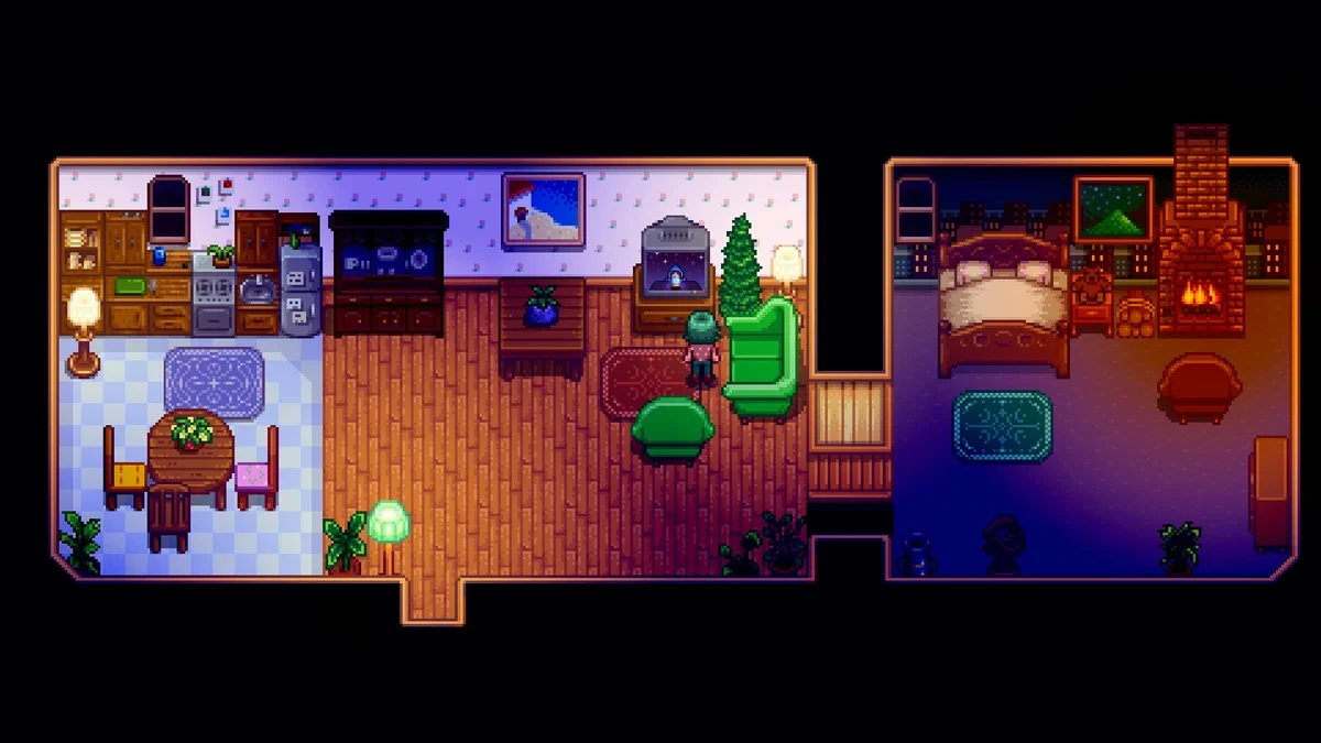Stardew Valley’de oturma alanı ve yatak odasından oluşan ev içi görünüm