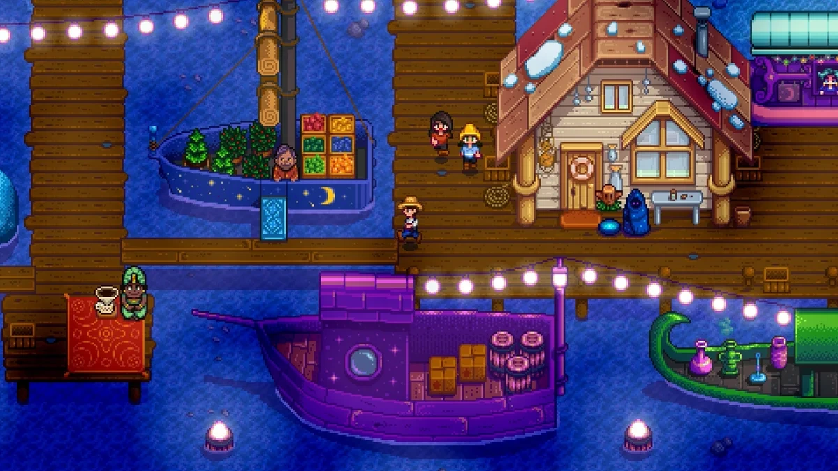 Stardew Valley sahilinde gece, iskele ve kıyı yapıları