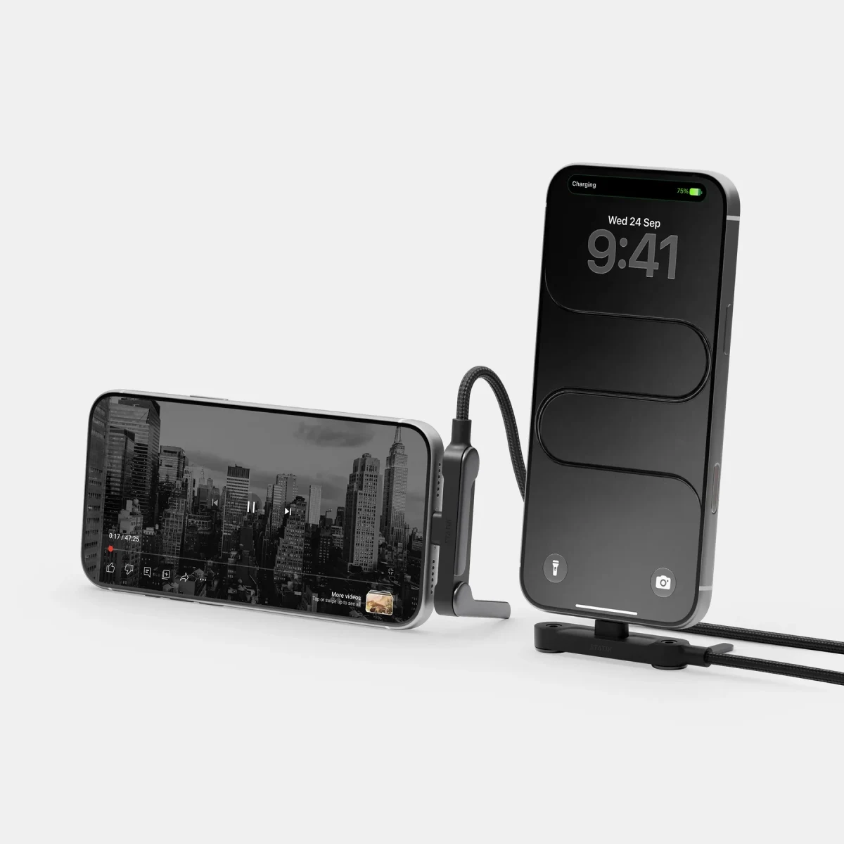 Statik PowerStand USB-C kablo, telefonları dikey ve yatay konumda desteklerken