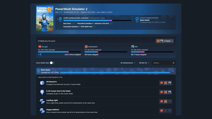 Steam’de PowerWash Simulator 2 için yenilenen başarım setleri sayfası