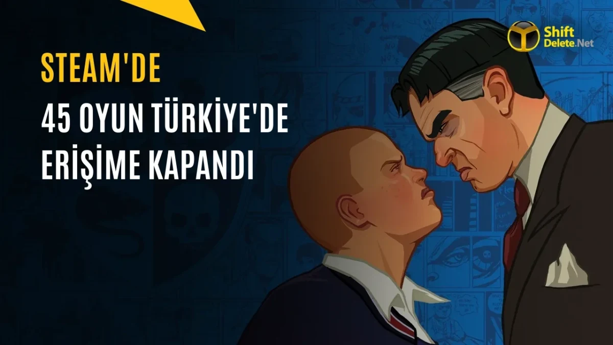 Steam’de 45 oyunun Türkiye’de erişime kapatıldığını duyuran, iki karakter illüstrasyonu içeren haber görseli