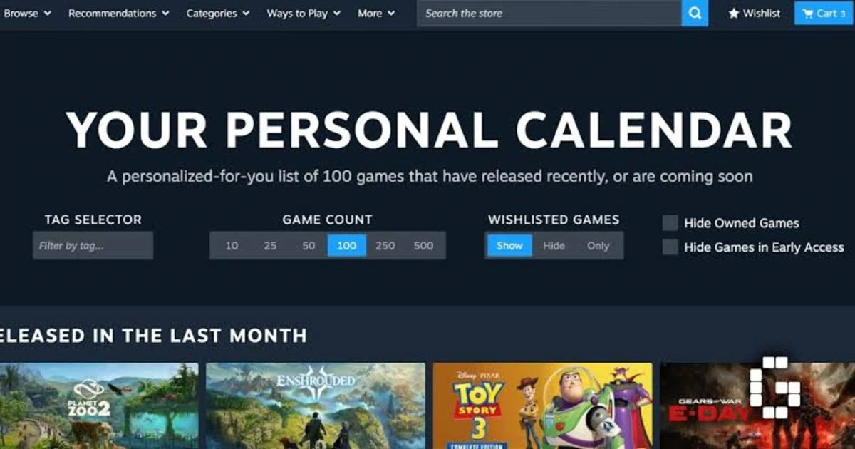 Steam Kişisel Takvim sayfasında oyun sayısı ve filtre seçenekleri