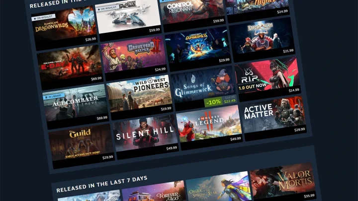 Steam mağazasındaki oyunların listelendiği ekran görüntüsü