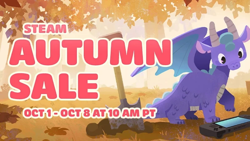 Steam Autumn Sale yazısı ve mor bir yaratığın bulunduğu sonbahar indirimi tanıtım görseli; 1-8 Ekim tarihleri belirtiliyor