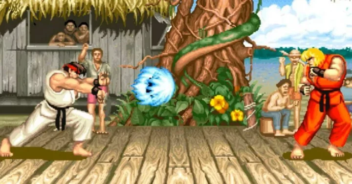 Street Fighter II sahnesinde Ryu, Ken’e doğru Hadouken saldırısı yapıyor