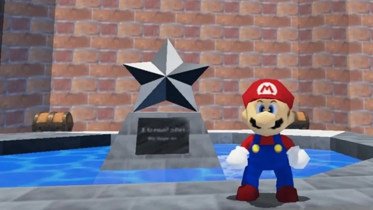Super Mario 64’te yıldız heykelinin önünde duran Mario