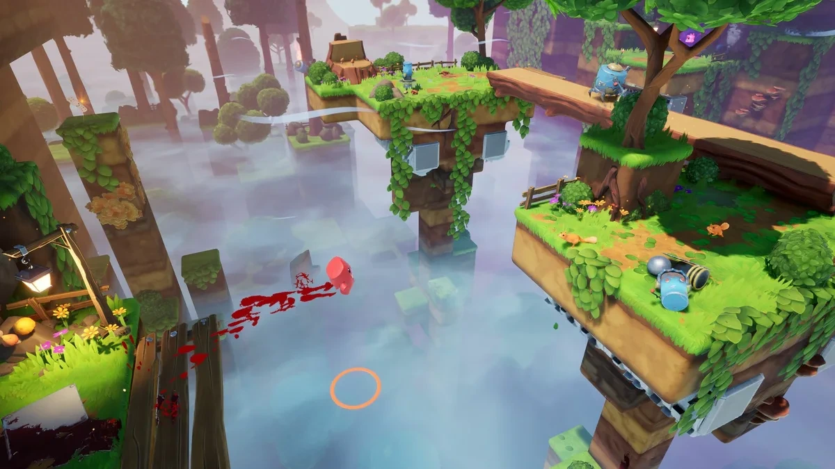 Super Meat Boy 3D’de havada ilerleyen Meat Boy’un görüldüğü renkli bir platform bölümü