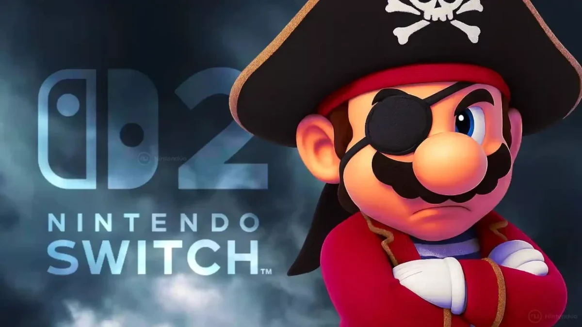 Korsan şapkası ve göz bandıyla tasvir edilen Mario’nun yanında Nintendo Switch 2 logosu