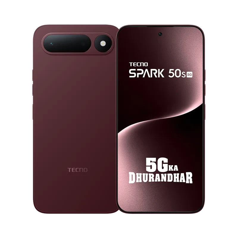 Burgundy renkli TECNO Spark 50s 5G telefonun ön ve arka yüzü