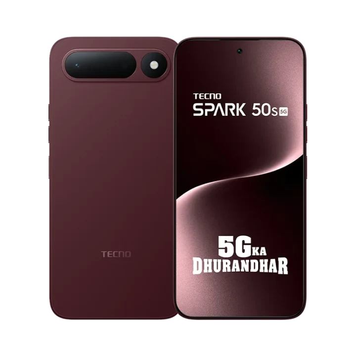 Burgundy renkli TECNO Spark 50s 5G telefonun ön ve arka yüzü