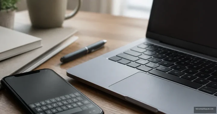 Laptop klavyesinin yanında ekranında sanal klavye açık bir telefon