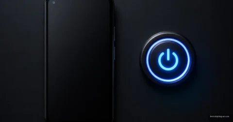 Karanlık zeminde bir akıllı telefon ve yanında mavi ışıkla yanan güç simgesi