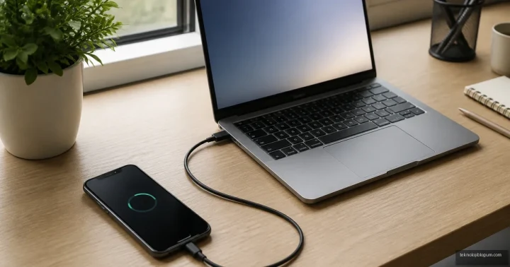 Masa üzerindeki akıllı telefonun kabloyla dizüstü bilgisayara bağlandığı çalışma alanı